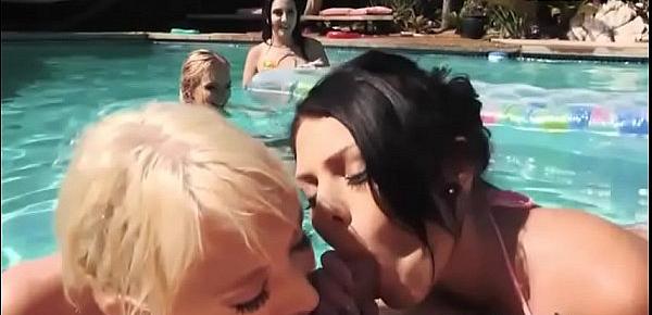  Sexy teen babes sucking off by the pool